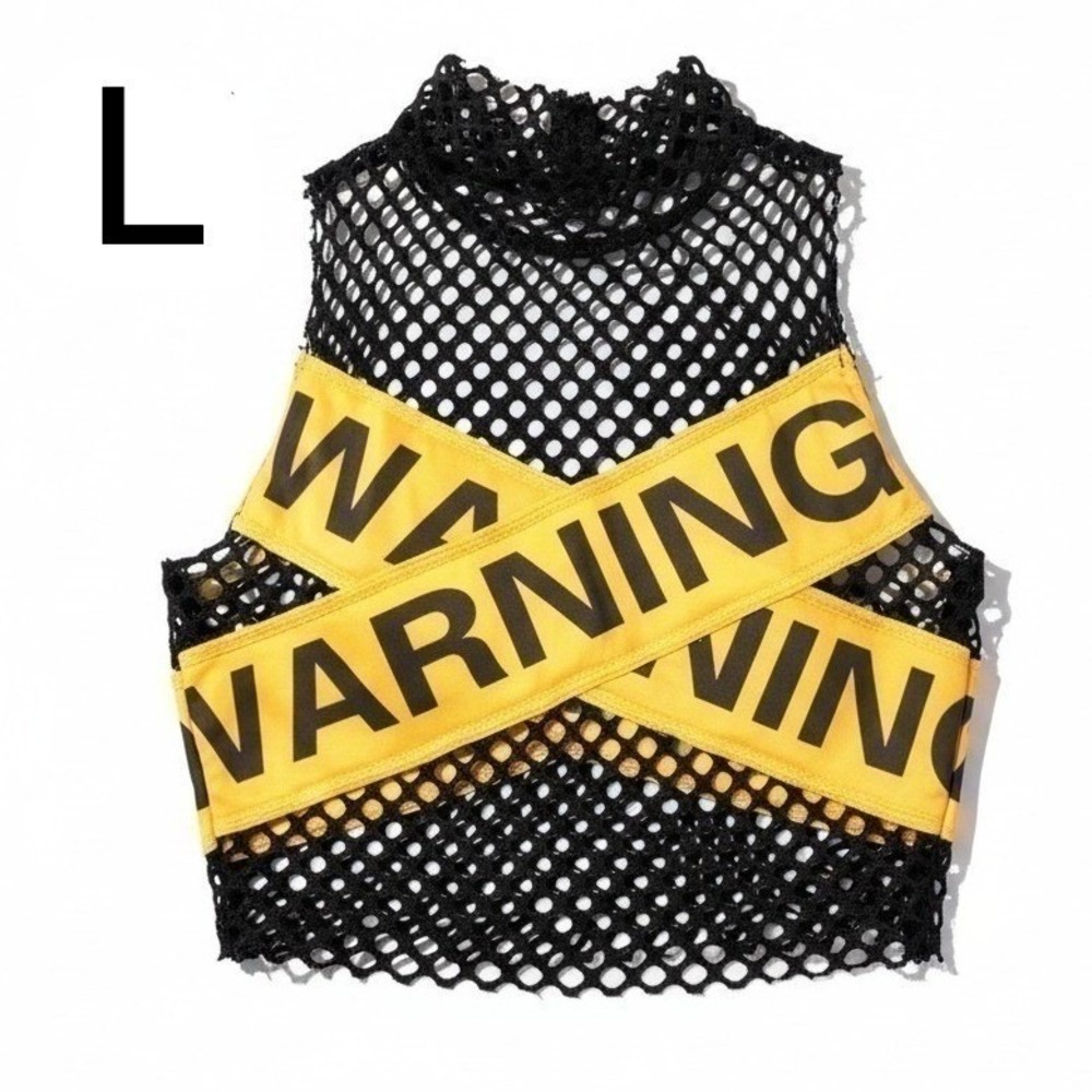 New Large Mesh "Caution" Warning Yellow Tape Crop Top Punk Grunge Retro Neon